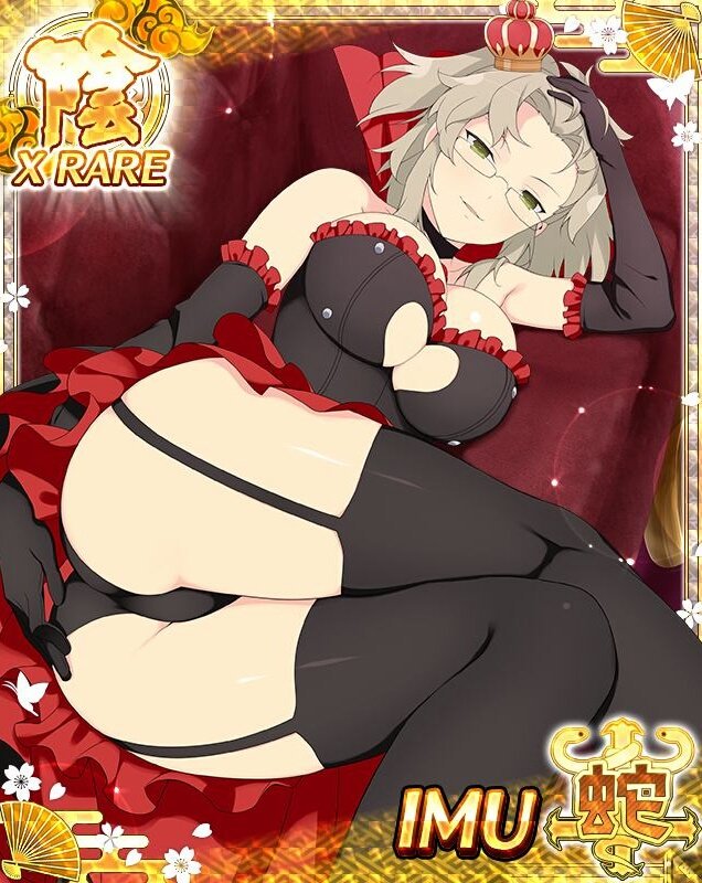 imu (senran kagura), senran kagura, senran kagura new wave, game cg, official art, third-party source, 1girl, ass, black dress, black garter straps, black gloves, black panties, black thighhighs, border, breasts, brown hair, card (medium), character name, cleavage, cleavage cutout, clothing cutout, couch, crown, dress, elbow gloves, garter straps, glasses, gloves, green eyes, hand on own ass, heart cutout, large breasts, looking at viewer, lying, medium hair, mini crown, on back, on couch, panties, parted bangs, parted lips, red trim, short twintails, smile, solo, thighhighs, twintails, underwear