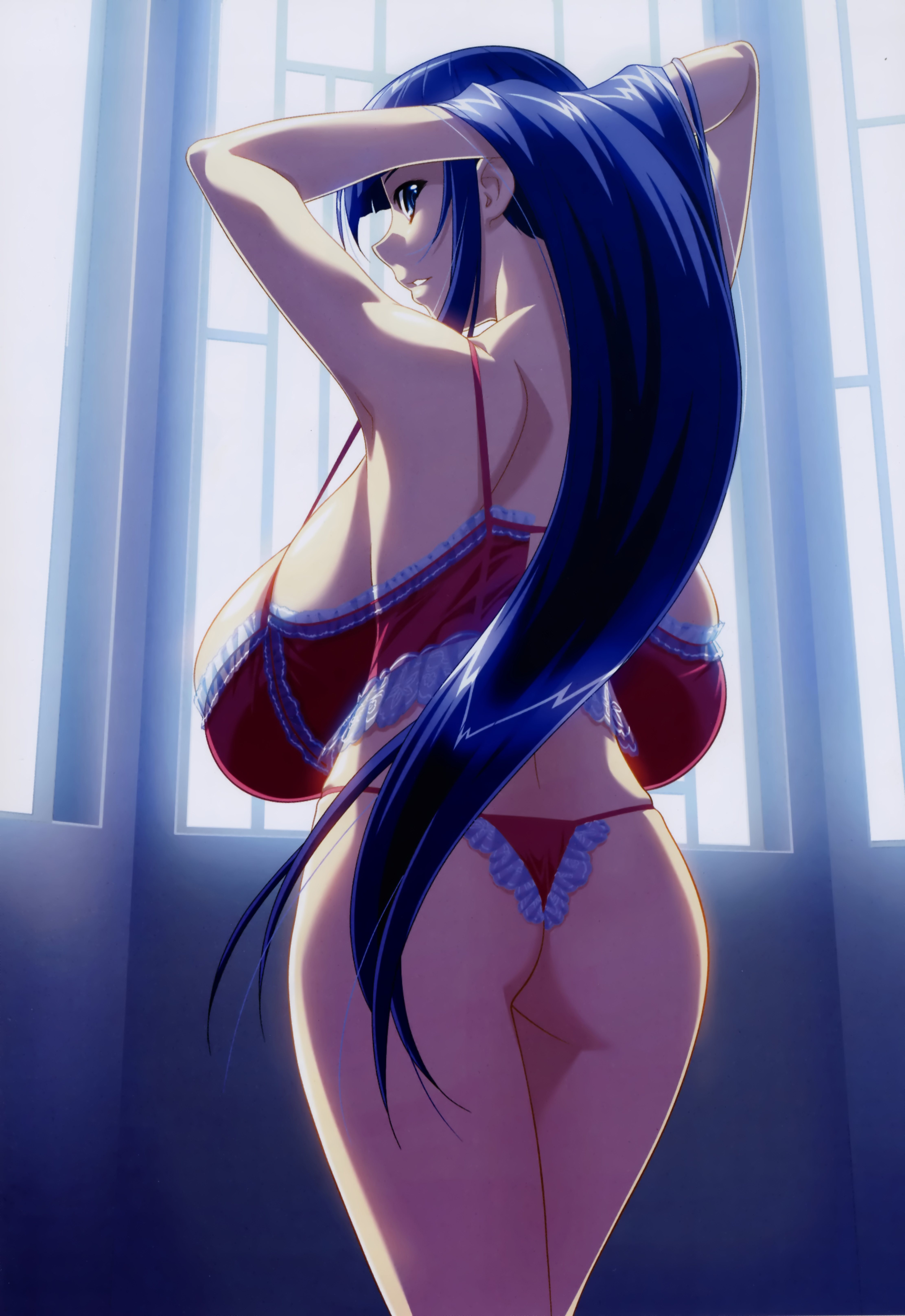 ino (magloid), fuutou shizune, oshioki sweetie, absurdres, highres, non-web source, scan, 1girl, adjusting hair, arms behind head, ass, babydoll, back, backboob, backlighting, blue eyes, blue hair, bra, breasts, female focus, flat ass, from behind, gigantic breasts, hanging breasts, lace, lace-trimmed bra, lace-trimmed panties, lace trim, lingerie, long hair, looking back, matching hair/eyes, narrow waist, panties, profile, sagging breasts, sideboob, skindentation, solo, thong, underwear, underwear only, window