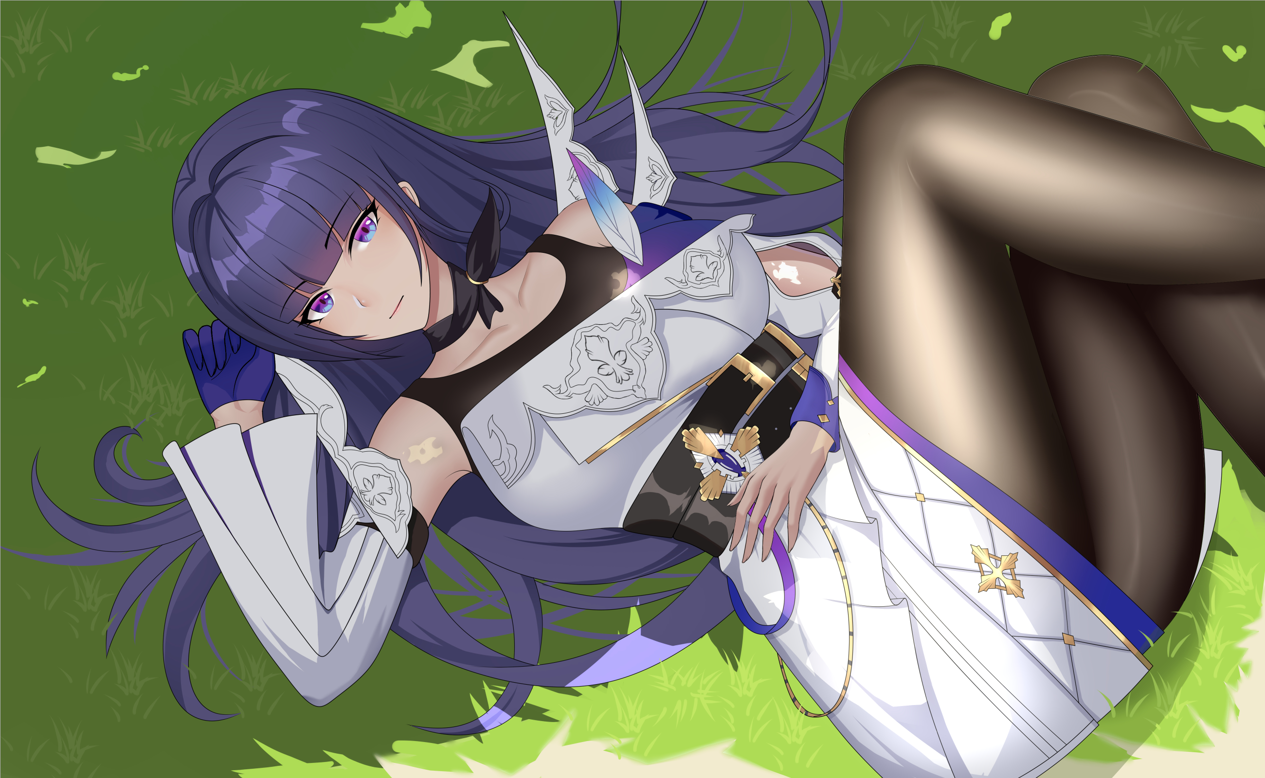 shuaishousha, raiden mei, raiden mei (apho), honkai (series), honkai impact 3rd, chinese commentary, commentary request, highres, 1girl, black pantyhose, breasts, dress, gloves, large breasts, long hair, looking at viewer, lying, on back, on grass, pantyhose, purple eyes, purple gloves, purple hair, single glove, solo, very long hair, white dress