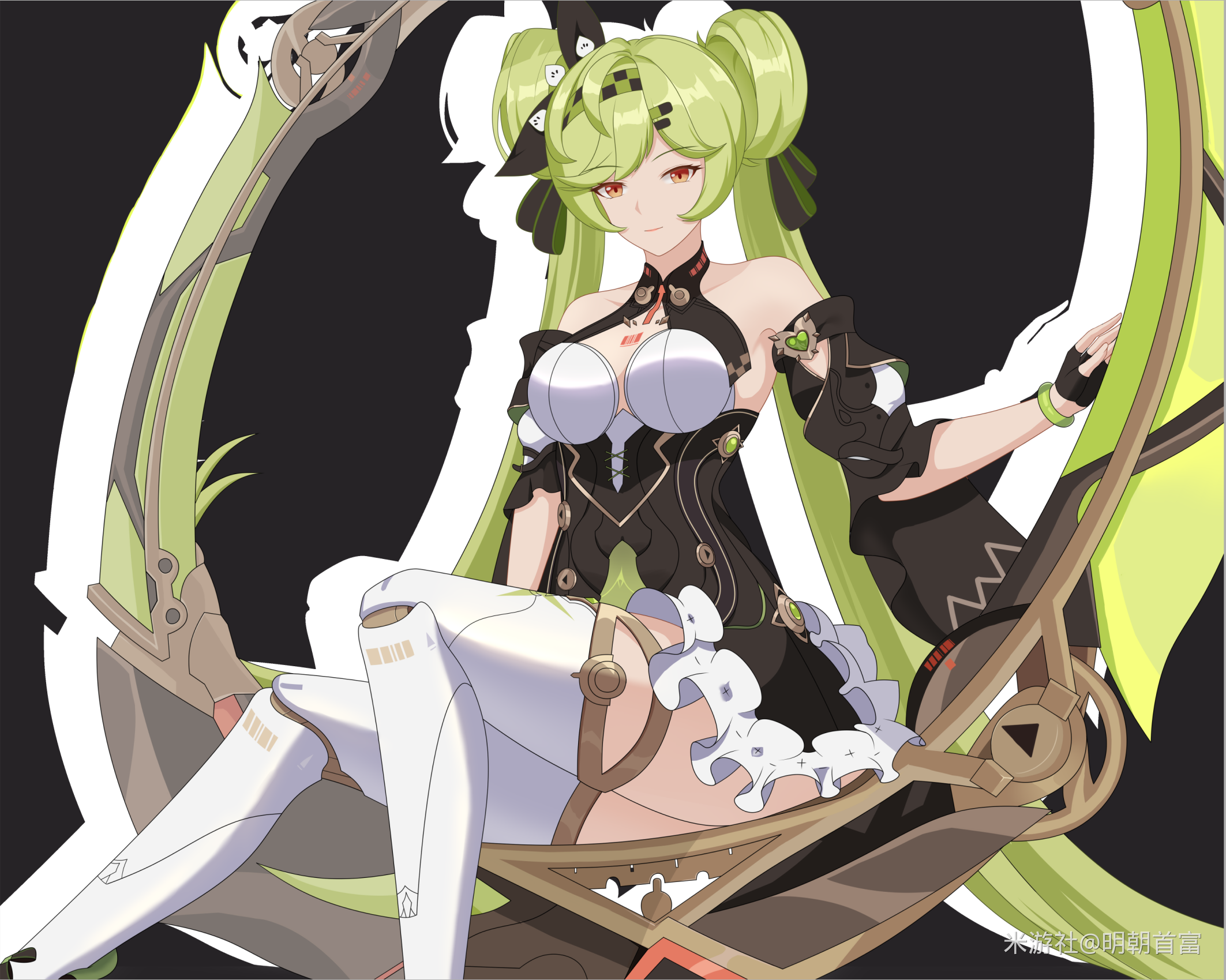 shuaishousha, ai hyperion lambda, ai hyperion lambda (chrono navi), honkai (series), honkai impact 3rd, chinese commentary, commentary request, highres, 1girl, black background, black dress, black gloves, breasts, dress, fingerless gloves, gloves, green hair, large breasts, long hair, looking at viewer, miyoushe watermark, orange eyes, simple background, sitting, solo, thighs, very long hair, watermark