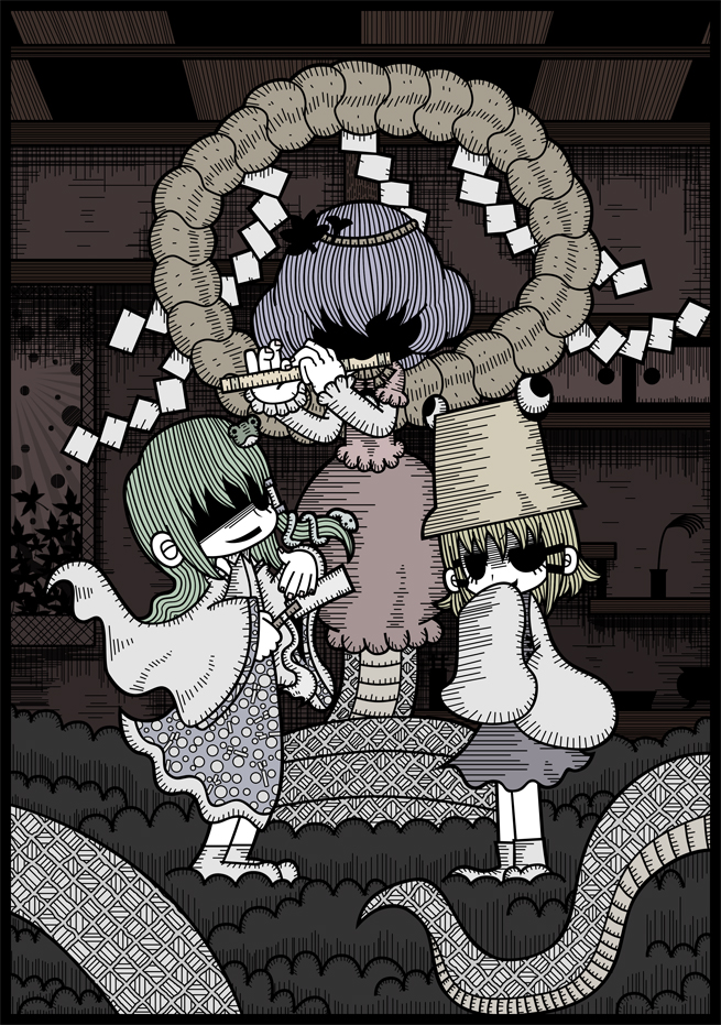 genkidaun, kochiya sanae, moriya suwako, yasaka kanako, touhou, 3girls, female focus, flute, gohei, hat, indoors, instrument, multiple girls, no eyes, rope, tentacles