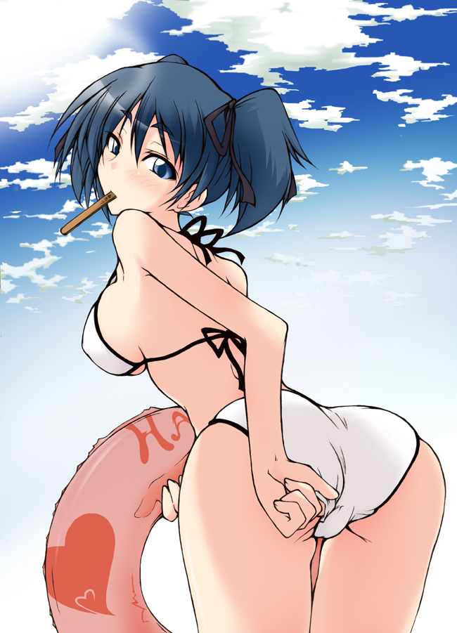 hazuki haru, original, bad id, bad pixiv id, 1girl, adjusting clothes, adjusting swimsuit, ass, bikini, blue eyes, blue hair, female focus, innertube, long hair, matching hair/eyes, mouth hold, solo, swim ring, swimsuit, twintails, white bikini