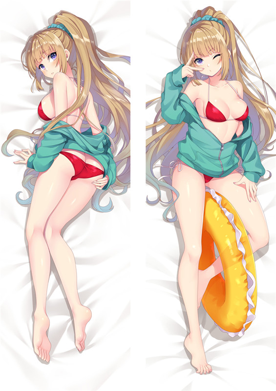 moeanime, karuizawa kei, youkoso jitsuryoku shijou shugi no kyoushitsu e, commentary request, 1girl, aqua scrunchie, ass, barefoot, bed sheet, bikini, blonde hair, blue eyes, blue jacket, blunt bangs, breasts, dakimakura (medium), from above, full body, hair ornament, hair scrunchie, hand on own ass, jacket, long hair, long sleeves, looking at viewer, lying, medium breasts, multiple views, off shoulder, on back, open clothes, partially unzipped, ponytail, red bikini, scrunchie, sideboob, smile, string bikini, swimsuit, v, v over eye