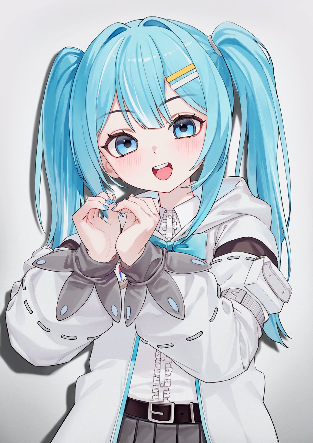 elppi, arahashi tabi, stellive, commentary request, highres, korean commentary, 1girl, belt, belt buckle, black belt, blue eyes, blue hair, blue nails, buckle, center frills, coat, collared shirt, double-parted bangs, fingernails, frilled shirt, frills, hair intakes, hair ornament, hairclip, hands up, long hair, long sleeves, looking at viewer, multicolored hair, nail polish, open clothes, open coat, open mouth, own hands together, parallel hairclips, shirt, simple background, smile, solo, streaked hair, twintails, upper body, virtual youtuber, white background, white coat, white shirt, wing collar