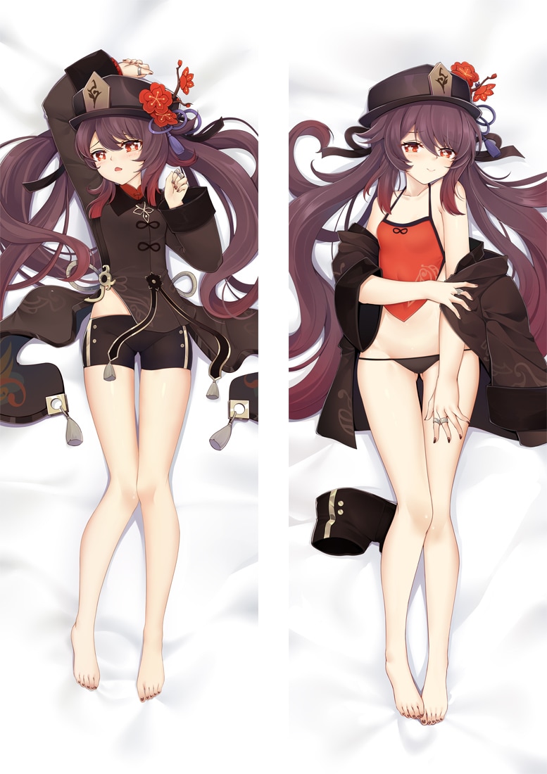 moeanime, hu tao (genshin impact), genshin impact, commentary request, 1girl, arm up, barefoot, bed sheet, black hat, black nails, black panties, black shorts, breasts, brown hair, closed mouth, collarbone, dakimakura (medium), flower, from above, full body, gluteal fold, hair between eyes, halterneck, hat, hat flower, jewelry, long hair, looking at viewer, lowleg, lowleg panties, lying, multiple views, nail polish, no panties, on back, on bed, open mouth, panties, red eyes, red flower, red nails, ring, short shorts, shorts, small breasts, smile, string panties, swept bangs, thigh gap, toenail polish, toenails, tongue, tongue out, twintails, underwear, unworn shorts, very long hair