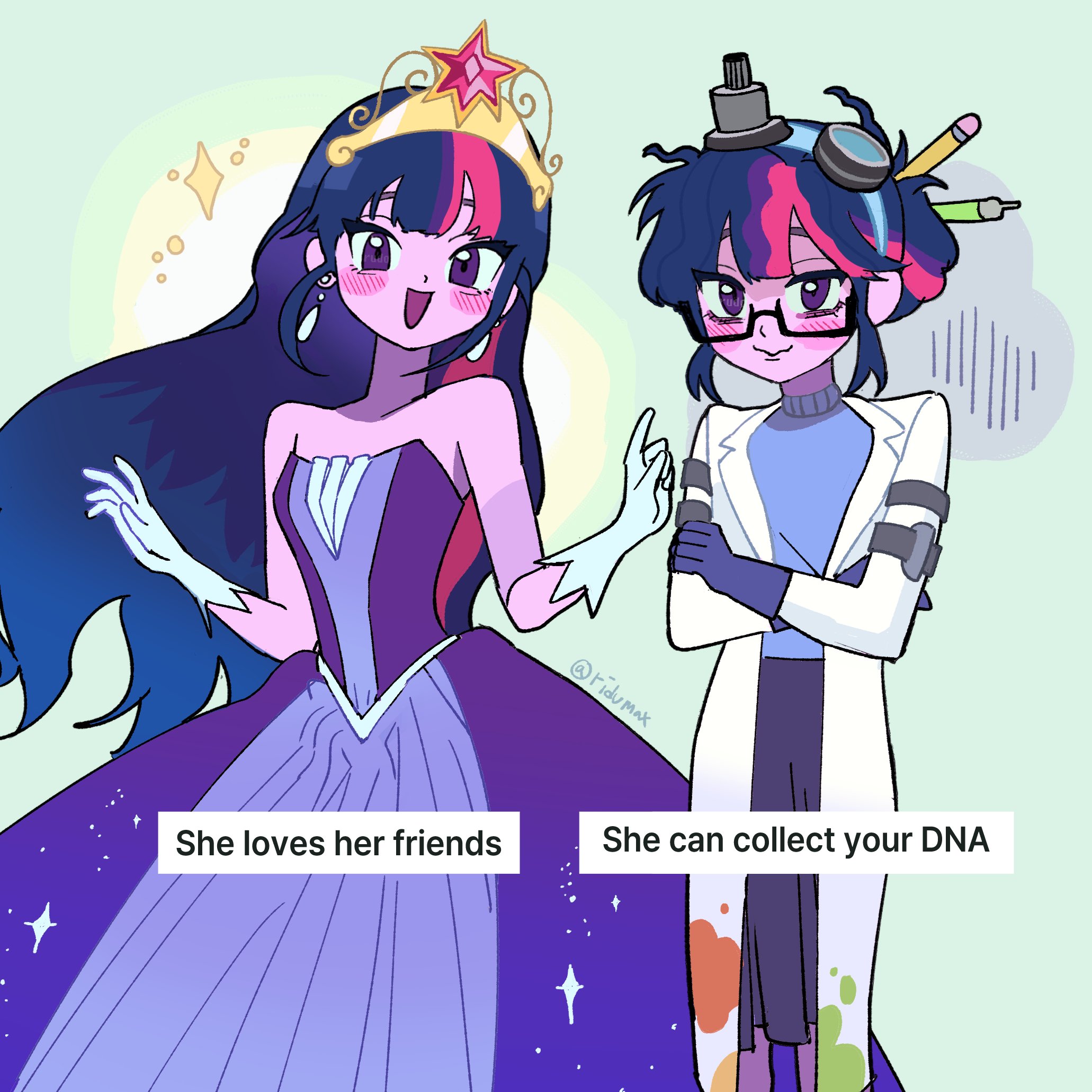 sci-twi, twilight sparkle, twilight sparkle (human), my little pony, my little pony: equestria girls, my little pony: friendship is magic, hashtag-only commentary, highres, 2girls, :d, bare shoulders, black-framed eyewear, black hair, blue sweater, blush, breasts, center-flap bangs, closed mouth, coat, colored skin, cowboy shot, crossed arms, double-parted bangs, dress, dual persona, earrings, element of magic, elements of harmony, english text, eyebrows hidden by hair, glasses, gloves, goggles, goggles on head, gold tiara, green background, hair between eyes, hair bun, hands up, index finger raised, jewelry, lab coat, lapels, long dress, long hair, long skirt, long sleeves, meme, multiple girls, official alternate costume, official alternate hair length, official alternate hairstyle, open clothes, open coat, open mouth, pantyhose, pencil, pink hair, pink skin, pleated skirt, purple dress, purple eyes, purple gloves, purple hair, purple pantyhose, purple skirt, rectangular eyewear, ridumax, semi-rimless eyewear, short hair, sidelocks, simple background, single hair bun, skirt, small breasts, smile, sparkle, standing, straight hair, strapless, strapless dress, sweater, teardrop earrings, tiara, tsurime, turtleneck, turtleneck sweater, twitter username, very long hair, white coat, white gloves