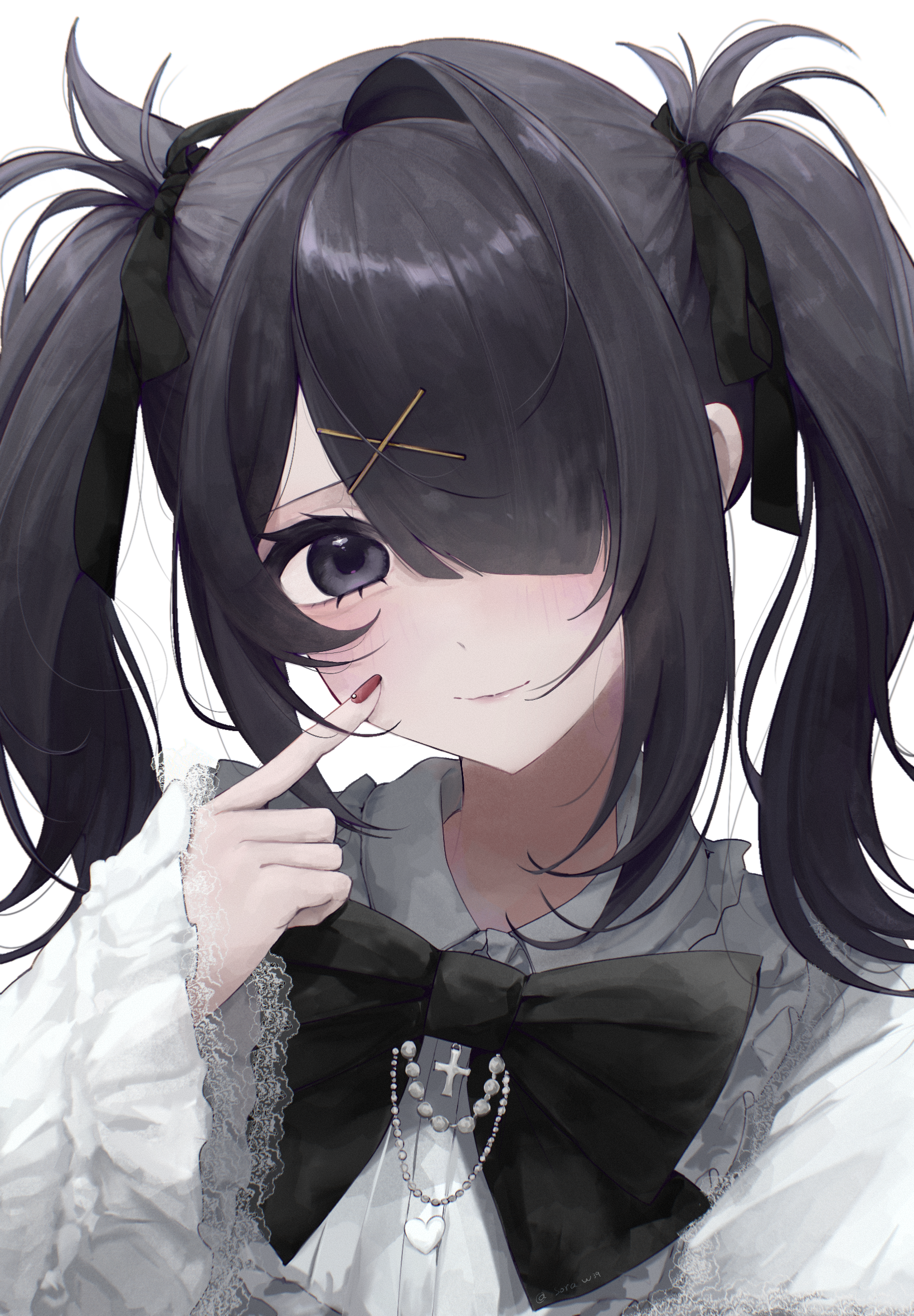ame-chan (needy girl overdose), needy girl overdose, chinese commentary, commentary request, highres, 1girl, alternate costume, black bow, black bowtie, black eyes, black hair, bow, bowtie, collared shirt, finger to cheek, frilled sleeves, frills, hair ornament, hair over one eye, hairclip, jirai kei, long hair, long sleeves, looking at viewer, nail polish, shirt, simple background, smile, solo, sora w39, twintails, upper body, white background, white shirt, x hair ornament
