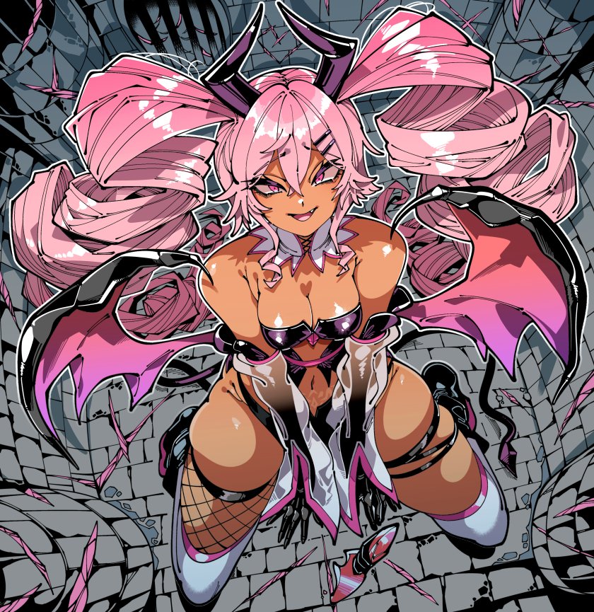 kafun, commission, 1girl, bare shoulders, breasts, brick wall, corset, dark-skinned female, dark skin, demon girl, demon wings, detached sleeves, fang, fishnets, floating, full body, gloves, horns, large breasts, latex, long hair, navel, open mouth, pink eyes, pink hair, rock, smile, tail, thighhighs, twintails, very long hair, wings