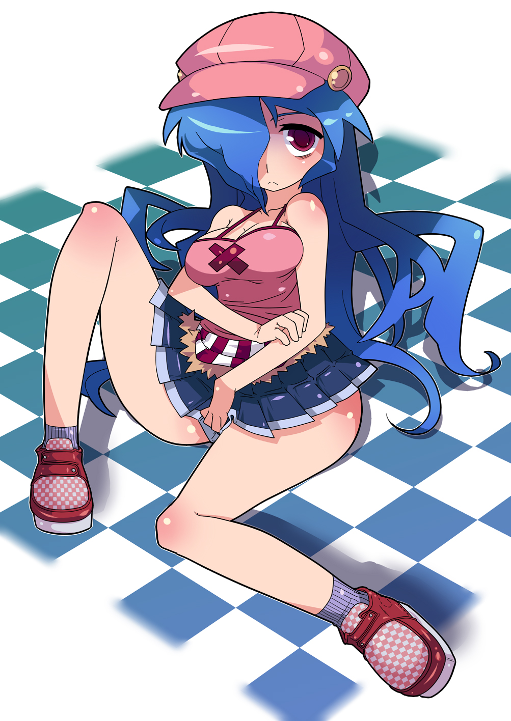 po(kari), poshan, original, bad id, bad pixiv id, highres, 1girl, blue hair, female focus, hat, miniskirt, purple eyes, skirt, solo