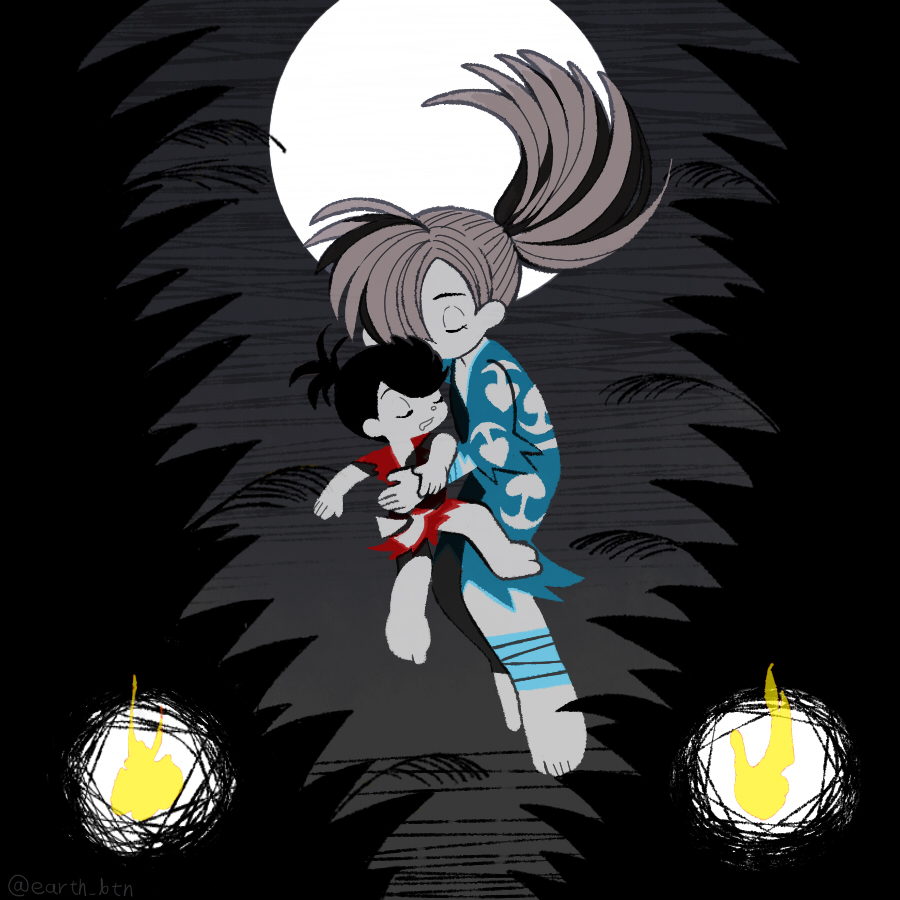 tanba (tanba-art), dororo (character), hyakkimaru (dororo), dororo (tezuka), commentary request, 1boy, 1girl, barefoot, brown hair, closed eyes, drooling, fire, full body, full moon, hug, japanese clothes, lying, moon, mouth drool, on back, reverse trap, sleeping together, twitter username