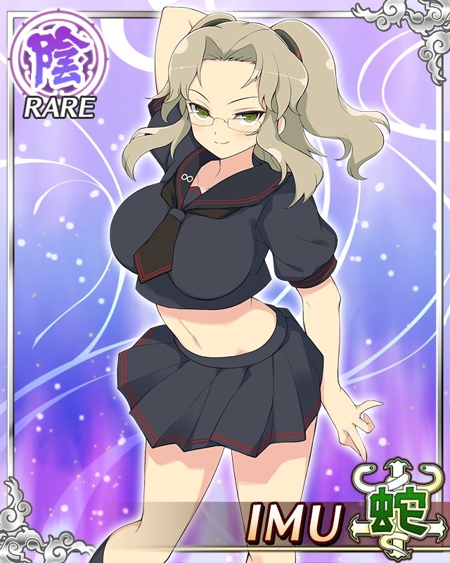 imu (senran kagura), senran kagura, senran kagura new wave, game cg, official art, third-party source, 1girl, arm at side, arm behind head, black necktie, black sailor collar, border, breasts, brown hair, card (medium), character name, closed mouth, crop top, cropped shirt, glasses, green eyes, hebijo academy school uniform, large breasts, looking at viewer, medium hair, midriff, navel, necktie, parted bangs, pleated skirt, sailor collar, school uniform, short twintails, skirt, smile, solo, twintails