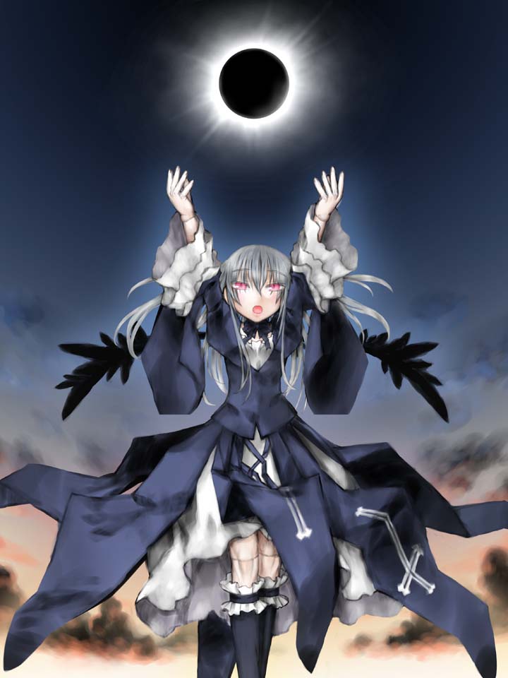 kakashichi, suigintou, rozen maiden, silver hair, 00s, 1girl, arms up, boots, doll joints, dress, eclipse, female focus, hairband, joints, knee boots, long hair, pink eyes, solar eclipse, solo, wings