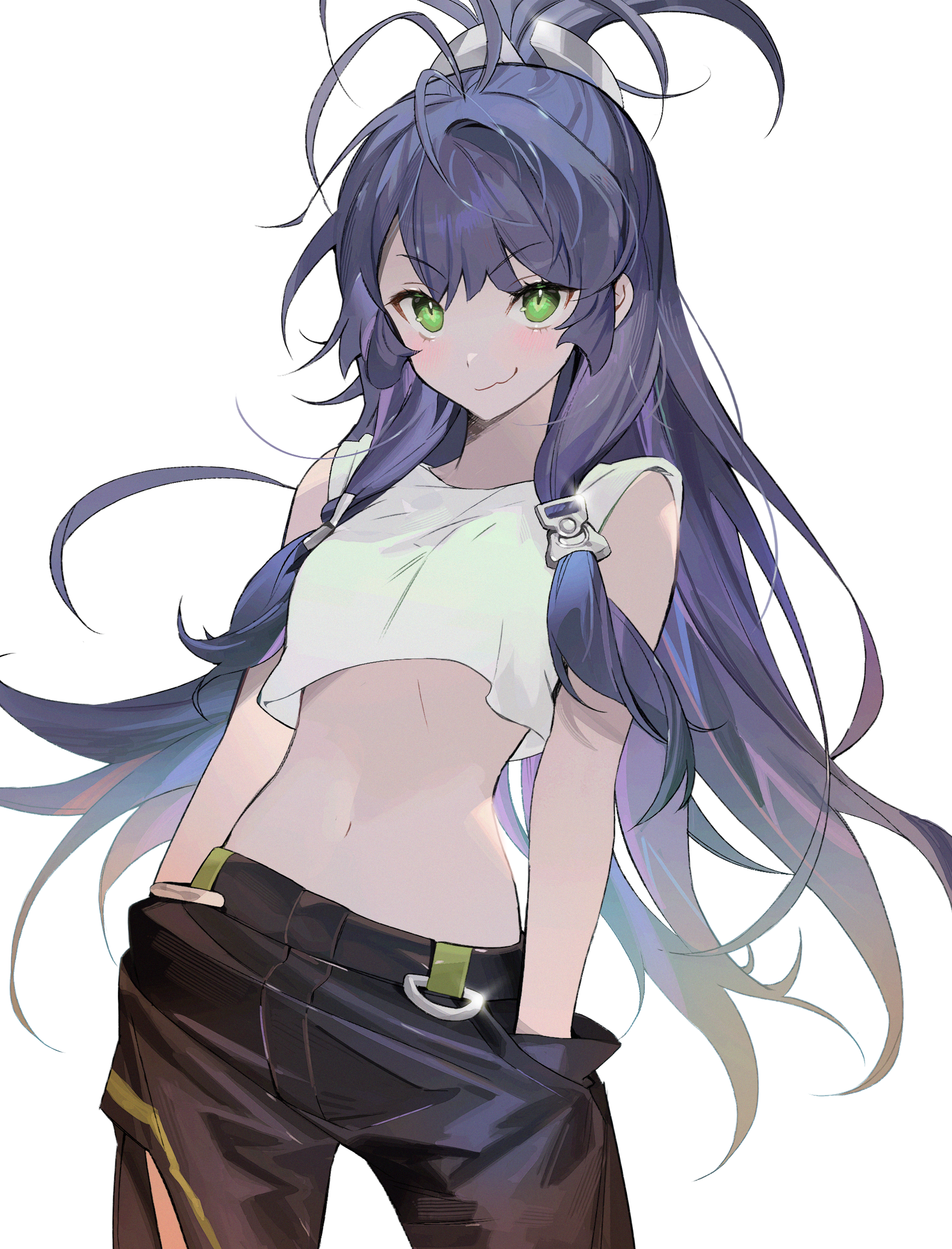 seoji, original, absurdres, commentary, highres, 1girl, black pants, closed mouth, cowboy shot, crop top, crop top overhang, green eyes, hands in pockets, long hair, looking at viewer, low-tied long hair, midriff, navel, pants, purple hair, simple background, smirk, solo, tank top, v-shaped eyebrows, white background, white tank top