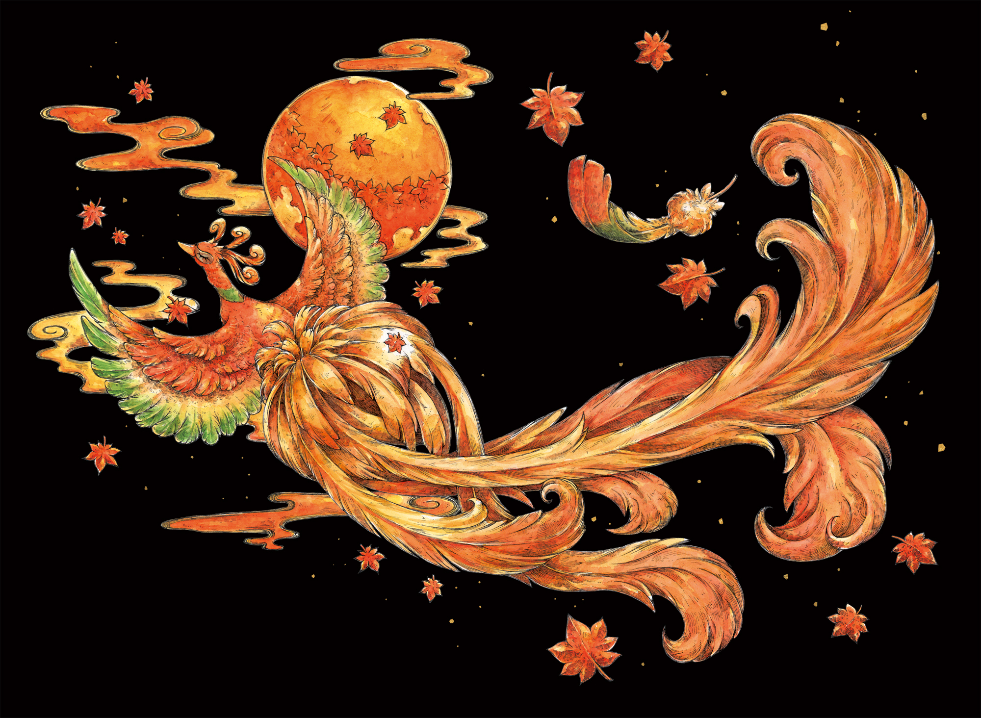 kuuneru, ho-oh, nintendo, pokemon, highres, animal focus, bird, black background, cloud, feathers, flying, gen 2 pokemon, green feathers, leaf, legendary pokemon, maple leaf, multicolored feathers, no humans, orange feathers, pokemon (creature), red feathers