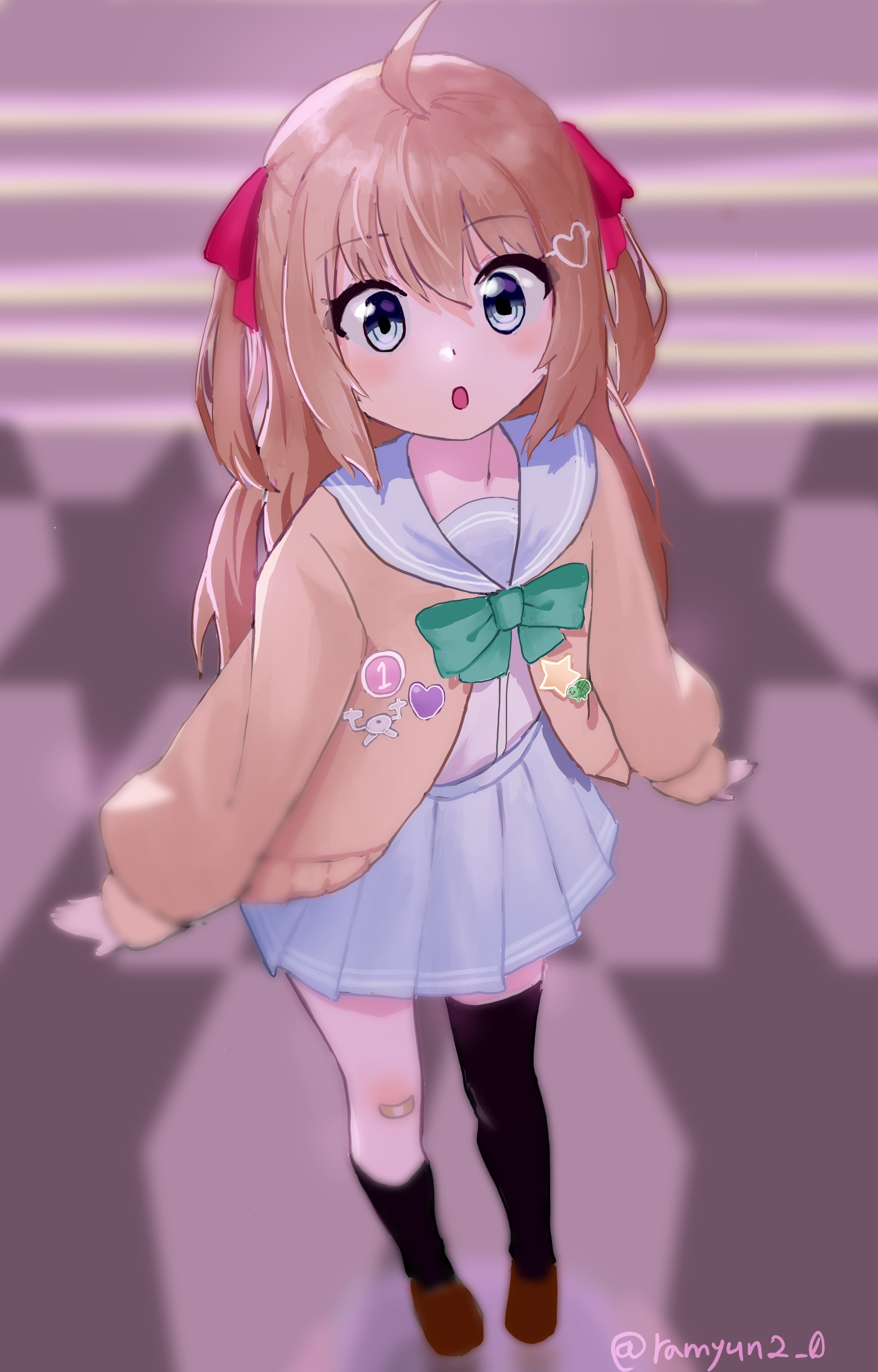 ramyun (shcks97), neuro-sama, absurdres, commentary request, highres, korean commentary, 1girl, badge, black socks, black thighhighs, blue eyes, blue sailor collar, blue skirt, bow, bowtie, brown hair, brown shoes, button badge, cardigan, dress shirt, from above, full body, green bow, green bowtie, hair between eyes, hair ornament, hair ribbon, heart, heart hair ornament, long hair, long sleeves, looking at viewer, open cardigan, open clothes, open mouth, pink ribbon, pleated skirt, ribbon, sailor collar, shirt, shirt tucked in, shoes, single sock, single thighhigh, skirt, socks, solo, standing, thighhighs, twitter username, vedal ai, virtual youtuber, white shirt, yellow cardigan