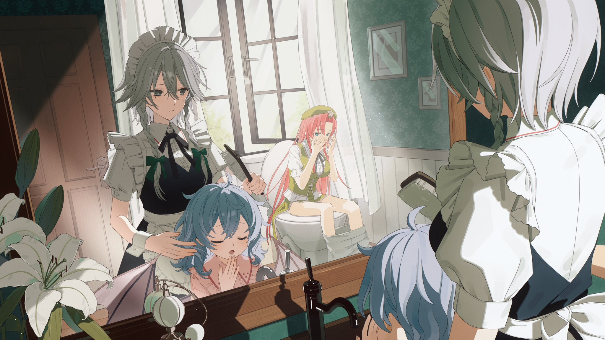 rcs 4, hong meiling, izayoi sakuya, remilia scarlet, touhou, highres, 3girls, apron, bat wings, bathroom, beret, black ribbon, blue dress, blue eyes, bow, braid, brushing another's hair, brushing hair, closed mouth, collared shirt, curtains, day, door, double-parted bangs, dress, faucet, flower, frilled shirt collar, frills, green bow, green hat, green vest, grey hair, hair between eyes, hair bow, hair brush, hat, hat ornament, holding, holding hair brush, indoors, lily (flower), long hair, medium hair, mirror, multiple girls, neck ribbon, on toilet, open mouth, pants, parted bangs, pink shirt, puffy short sleeves, puffy sleeves, red hair, reflection, ribbon, shirt, short sleeves, side braids, sitting, star (symbol), star hat ornament, toilet, toilet use, vest, waist apron, white apron, white flower, white pants, white shirt, window, wings, wrist cuffs, yawning