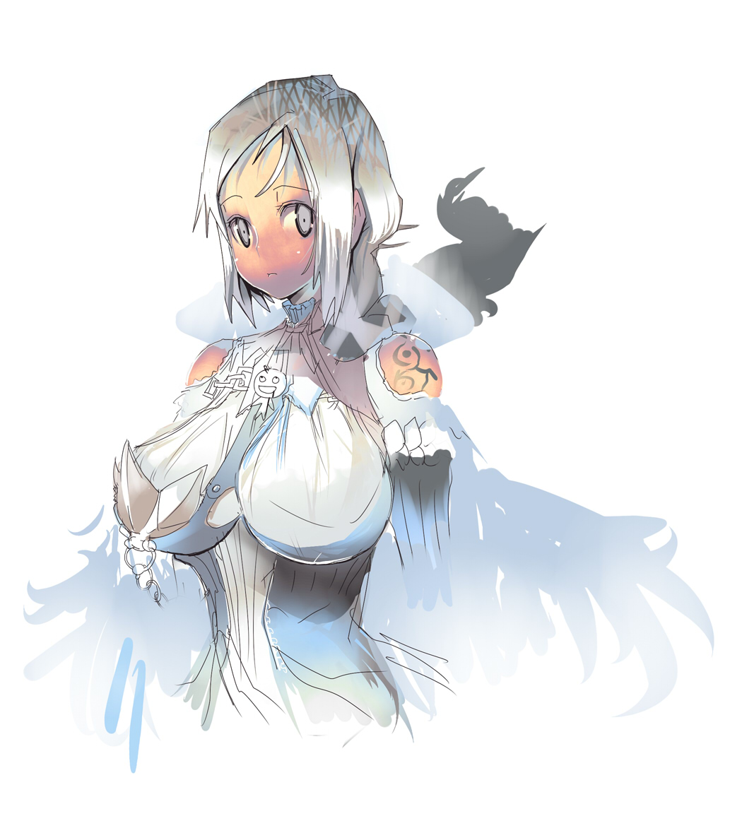saimon fumie, bad id, bad pixiv id, armor, breasts, cape, dark-skinned female, dark skin, large breasts, tattoo, white eyes, white hair