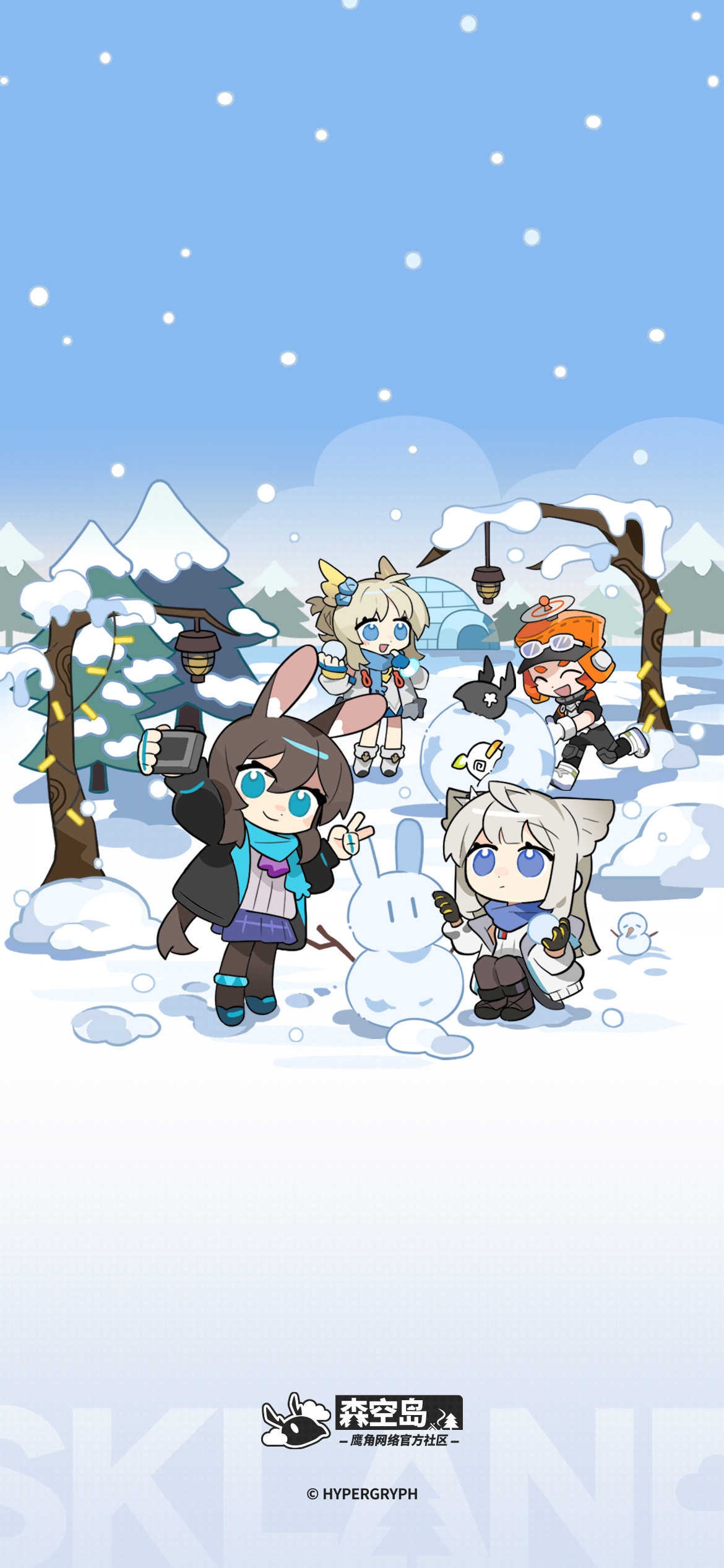 amiya (arknights), perlica (arknights), vi3 (ex astris), arknights, ex astris, absurdres, artist request, chinese commentary, commentary request, highres, official art, 4girls, ^ ^, animal ear fluff, animal ears, bare tree, bird ears, bird girl, black gloves, black pantyhose, blue eyes, blue scarf, blue skirt, brown hair, cellphone, closed eyes, closed mouth, extra ears, gloves, grey hair, holding, holding phone, hypergryph, jewelry, miniskirt, multiple girls, multiple rings, open mouth, orange hair, pantyhose, phone, ponytail, popucom, rabbit ears, rabbit girl, ring, scarf, selfie, skirt, smartphone, smile, snow, snowball, snowman, squatting, standing, tree, v