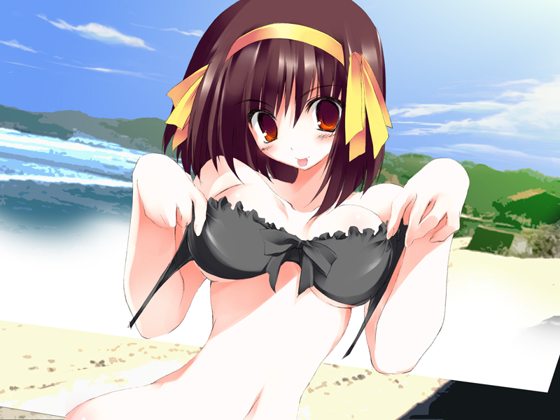 tsukinon, suzumiya haruhi, suzumiya haruhi no yuuutsu, bad id, bad pixiv id, 00s, 1girl, :p, beach, bikini, black bikini, breasts, clothes in front, cloud, covering privates, day, female focus, hair ribbon, medium breasts, navel, outdoors, ribbon, sky, solo, swimsuit, tongue, tongue out