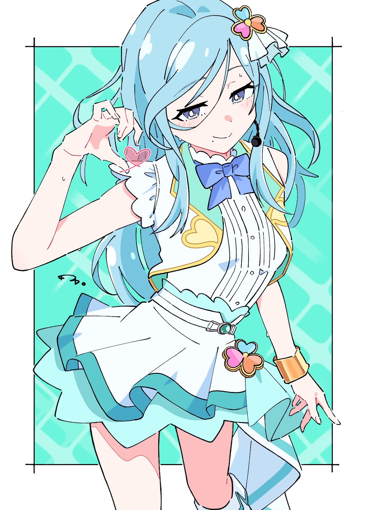 hinomori shizuku, project sekai, commentary request, highres, 1girl, aqua background, bare shoulders, blue bow, blue bowtie, blue hair, border, bow, bowtie, bright pupils, closed mouth, clover hair ornament, feet out of frame, grey eyes, hair ornament, half-heart hands, headset, heart, jacket, looking at viewer, miniskirt, mole, mole under mouth, outside border, shirt, skirt, sleeveless, sleeveless jacket, smile, solo, split mouth, sweat, tanaka3, white border, white jacket, white pupils, white shirt, white skirt