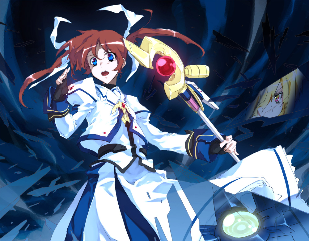 aeutoaki, bardiche (nanoha), fate testarossa, raising heart, raising heart (device mode) (1st), takamachi nanoha, takamachi nanoha (movie 1st mode), lyrical nanoha, mahou shoujo lyrical nanoha, mahou shoujo lyrical nanoha the movie 1st, bad id, bad pixiv id, 10s, 2girls, action, blonde hair, blue eyes, brown hair, fingerless gloves, gloves, hair ribbon, multiple girls, pov, red eyes, ribbon, short twintails, twintails