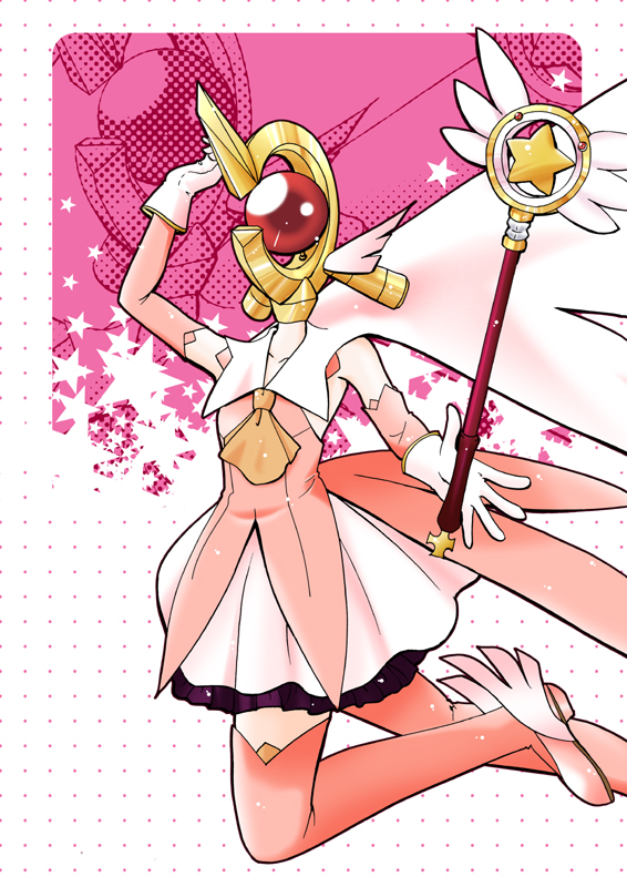 oseenkoris, illyasviel von einzbern, kaleidostick, prisma illya, raising heart, fate/kaleid liner prisma illya, fate/stay night, fate (series), lyrical nanoha, mahou shoujo lyrical nanoha, bad id, bad pixiv id, 1girl, boots, cosplay, dress, elbow gloves, female focus, gloves, personification, pink boots, prisma illya (cosplay), solo, thighhighs, wand, what, wings, zettai ryouiki