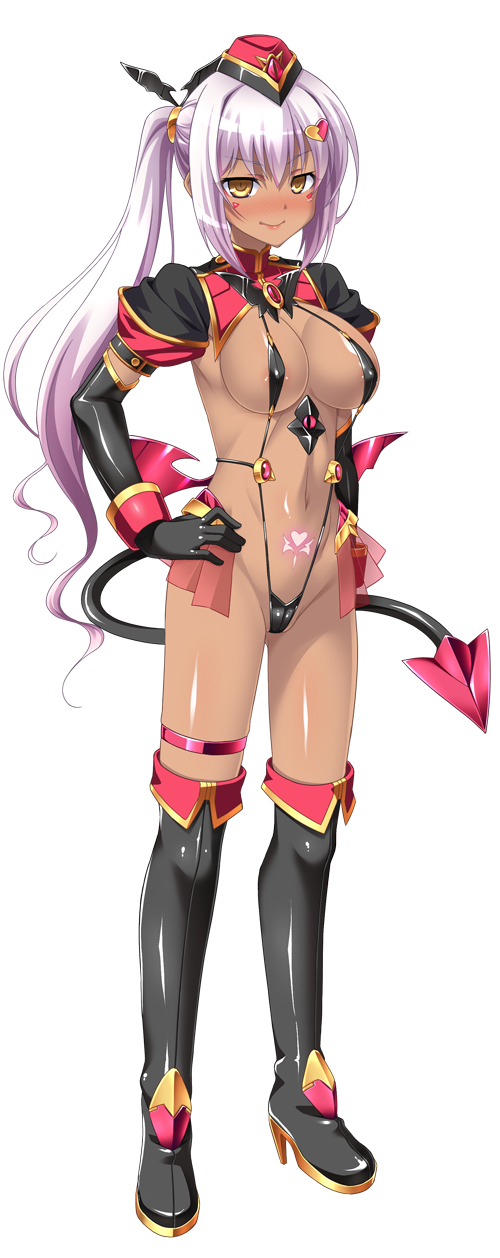 aoi masami, asamiya minami, slave ignis, ts magical girl nao, game cg, highres, large variant set, non-web source, official art, variant set, 1girl, black gloves, blush, boots, breasts, corruption, covered erect nipples, dark-skinned female, dark persona, dark skin, demon girl, demon tail, elbow gloves, full body, gloves, hair ornament, hand on own hip, hat, high heels, large breasts, long hair, looking at viewer, navel, pubic tattoo, purple hair, revealing clothes, side ponytail, slave gear (tsmg nao!), slingshot swimsuit, smile, solo, standing, swimsuit, tachi-e, tail, tan, tattoo, thigh boots, thigh strap, thighhighs, transparent background, wings, yellow eyes