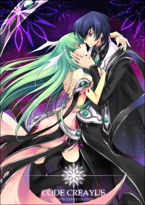 creayus, c.c., lelouch vi britannia, code geass, 00s, 1boy, 1girl, black hair, black thighhighs, cape, couple, detached sleeves, dress, frills, green hair, hetero, hug, jewelry, long hair, purple eyes, short hair, space, star (symbol), thighhighs, topless female, yellow eyes
