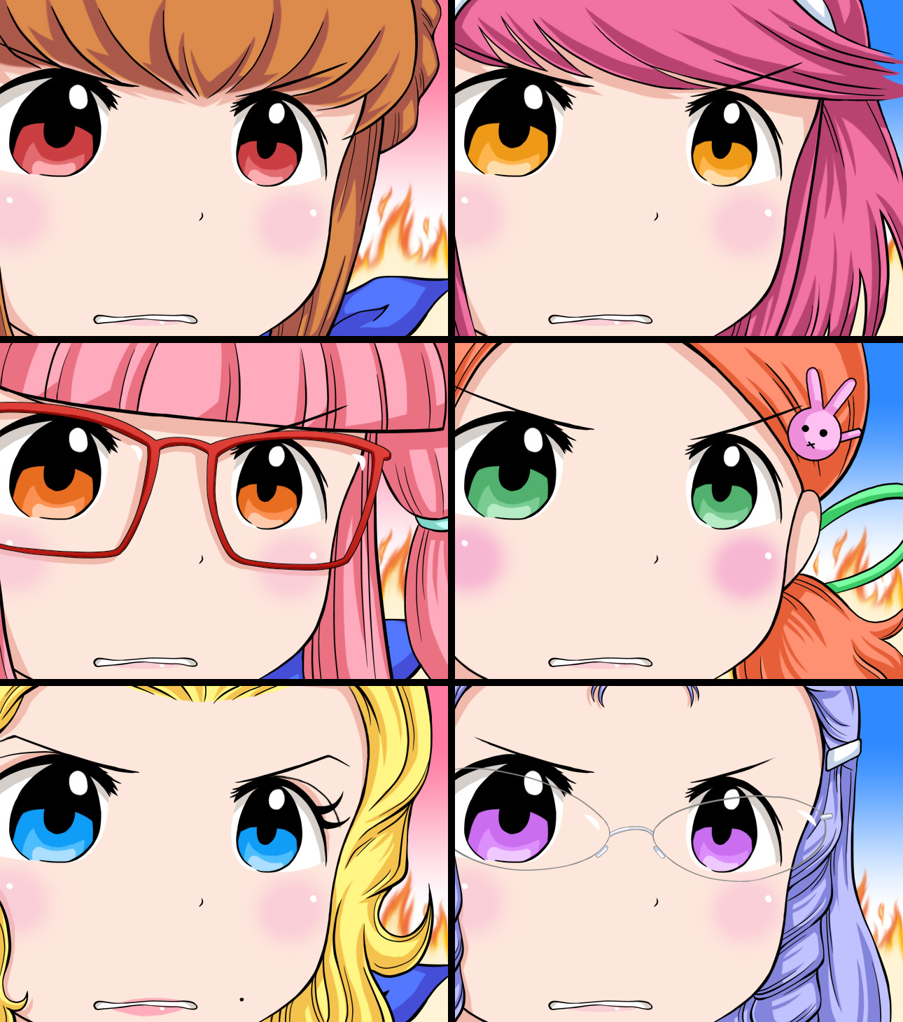 hamu agaki, amemiya sayaka, anna lindhurst, kanda aoi, kawai honoka (ouendan), minazuki reika, shirosaki rin, osu! tatakae! ouendan, highres, 6+girls, blonde hair, blue eyes, brown eyes, brown hair, fire, glasses, green eyes, gununu (meme), hair ornament, hairband, meme, mole, multiple girls, orange hair, pink hair, purple eyes, purple hair