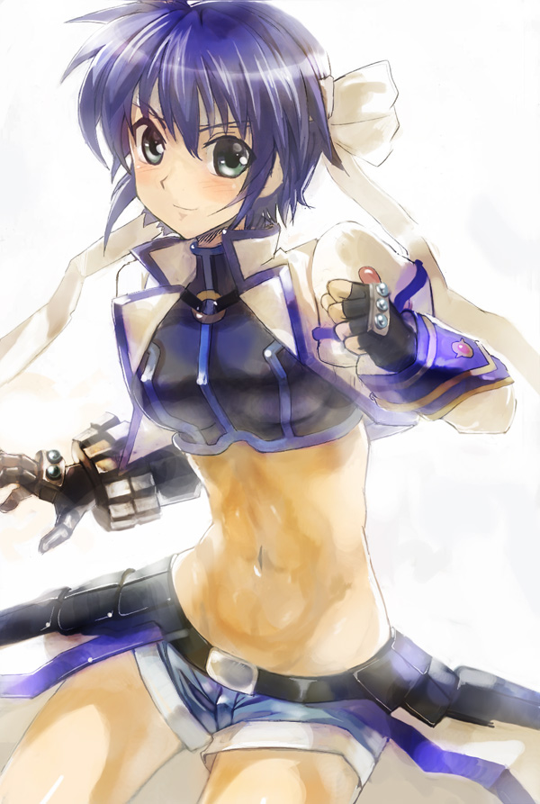 asuka shirou, revolver knuckle, subaru nakajima, lyrical nanoha, mahou shoujo lyrical nanoha, mahou shoujo lyrical nanoha strikers, 00s, 1girl, abs, armor, blue hair, blush, denim, denim shorts, female focus, fingerless gloves, gauntlets, gloves, green eyes, headband, jacket, midriff, navel, short hair, short shorts, shorts, simple background, smile, solo, solo focus, white background