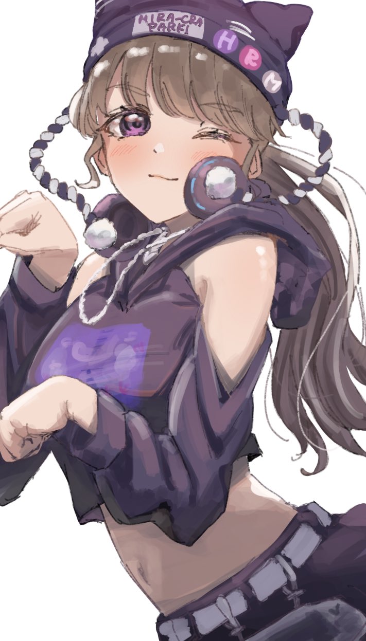 fujishima megumi, link! like! love live!, love live!, commentary request, highres, 1girl, ;3, alternate costume, animal hat, bare shoulders, black hat, black hoodie, blush, breasts, brown hair, cat hat, clothing cutout, cropped hoodie, hat, headphones, headphones around neck, hino (hinonoq), hood, hood down, hoodie, large breasts, long hair, long sleeves, looking at viewer, navel, nyao signyal, one eye closed, paw pose, ponytail, purple eyes, shoulder cutout, solo, stomach, upper body, virtual youtuber