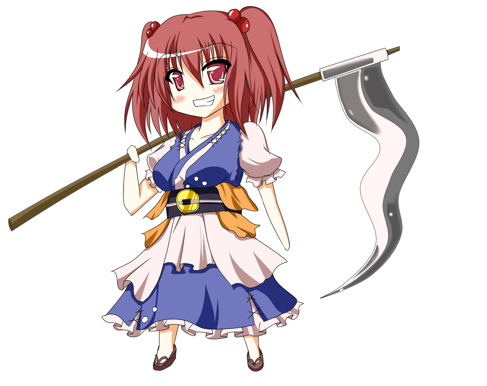 campbell (pixiv), campbell gichou, onozuka komachi, touhou, highres, 1girl, chibi, female focus, full body, grin, red eyes, red hair, scythe, simple background, smile, solo, white background