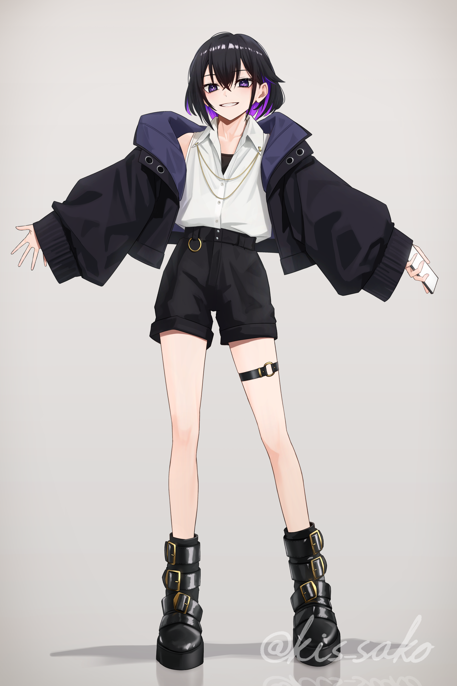 kis sako, original, absurdres, commentary request, highres, 1girl, belt boots, black boots, black hair, black jacket, black shorts, boots, buckle, cellphone, colored inner hair, eyelashes, full body, grey background, hair between eyes, holding, holding phone, jacket, long sleeves, multicolored hair, open clothes, open jacket, outstretched arms, phone, purple eyes, purple hair, shirt, shorts, simple background, smartphone, smile, solo, spread arms, standing, teeth, thigh strap, twitter username, two-tone hair, white shirt