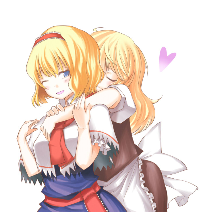 hane (hanegoya), alice margatroid, kirisame marisa, touhou, 2girls, blonde hair, blue eyes, capelet, closed eyes, female focus, hairband, heart, hug, hug from behind, long hair, multiple girls, no headwear, one eye closed, short hair, simple background, smile, wink