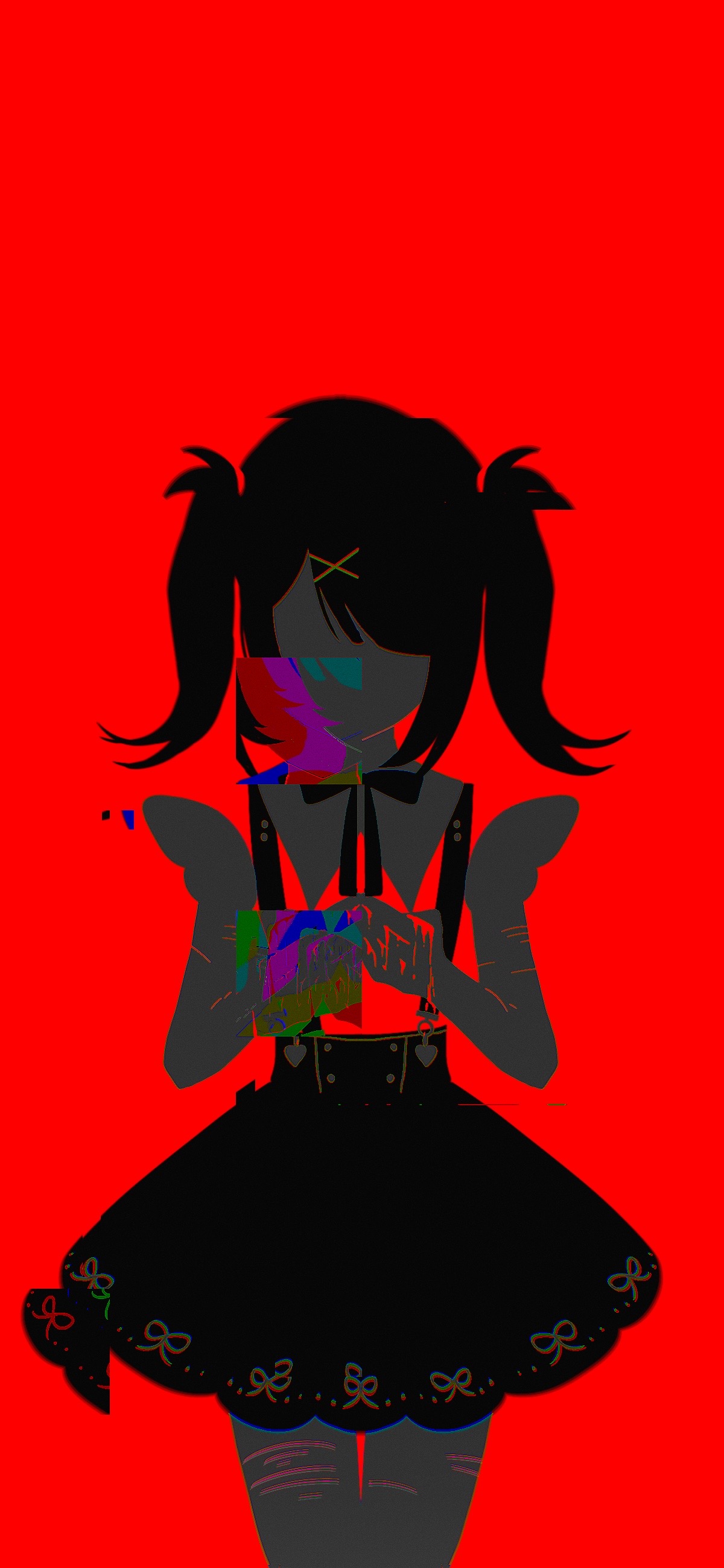 ame-chan (needy girl overdose), needy girl overdose, absurdres, highres, 1girl, black hair, black ribbon, blending, collared shirt, faceless, faceless female, glitch, hair ornament, hair over one eye, long hair, neck ribbon, own hands together, red background, red shirt, ribbon, self-harm scar, shirt, silhouette, simple background, skirt, solo, sora w39, standing, suspender skirt, suspenders, twintails, x hair ornament