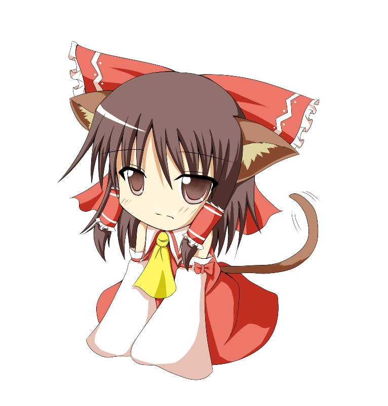 campbell (pixiv), campbell gichou, hakurei reimu, touhou, 1girl, animal ears, brown eyes, brown hair, cat ears, cat girl, cat tail, detached sleeves, female focus, full body, japanese clothes, miko, simple background, solo, tail, white background
