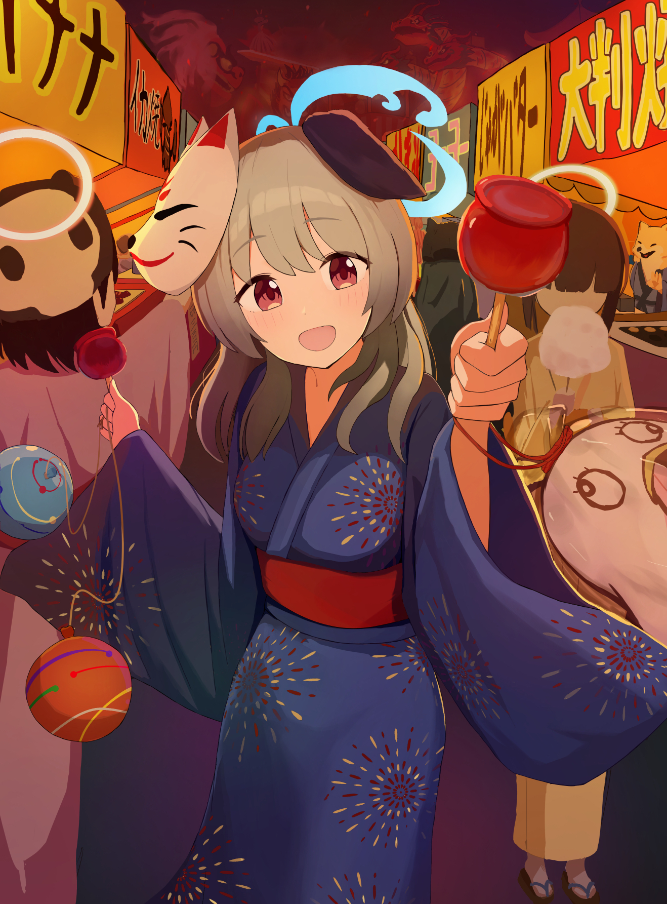 onihoppe, umika (blue archive), blue archive, 3girls, alternate costume, animal ears, dog ears, halo, japanese clothes, kimono, looking at viewer, multiple girls, night, night sky, sky