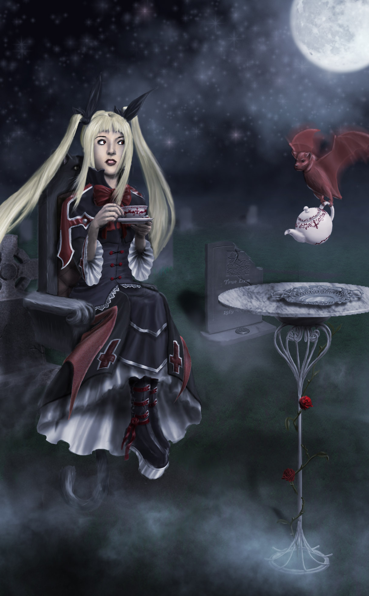 warriormind, gii, nago, rachel alucard, arc system works, blazblue, platform footwear, highres, bat (animal), blonde hair, cat, chair, cup, gothic lolita, lolita fashion, plate, realistic, red eyes, ribbon, table, teacup, teapot, tombstone, vampire