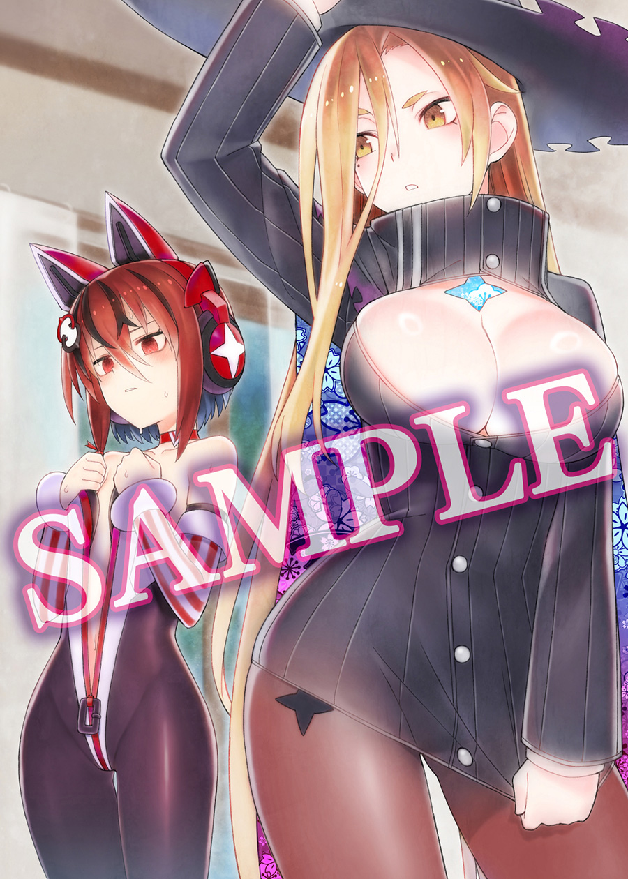 maxi (majogami), shiroha (majogami), inti creates, majogami, official art, animal ear headphones, animal ears, blonde hair, breast envy, breasts, cat ear headphones, cat ears, chest jewel, choker, cosplay, costume switch, fake animal ears, hat, headphones, large breasts, leggings, leotard, mole, mole under eye, red eyes, red hair, small breasts, sweat, witch hat, yellow eyes