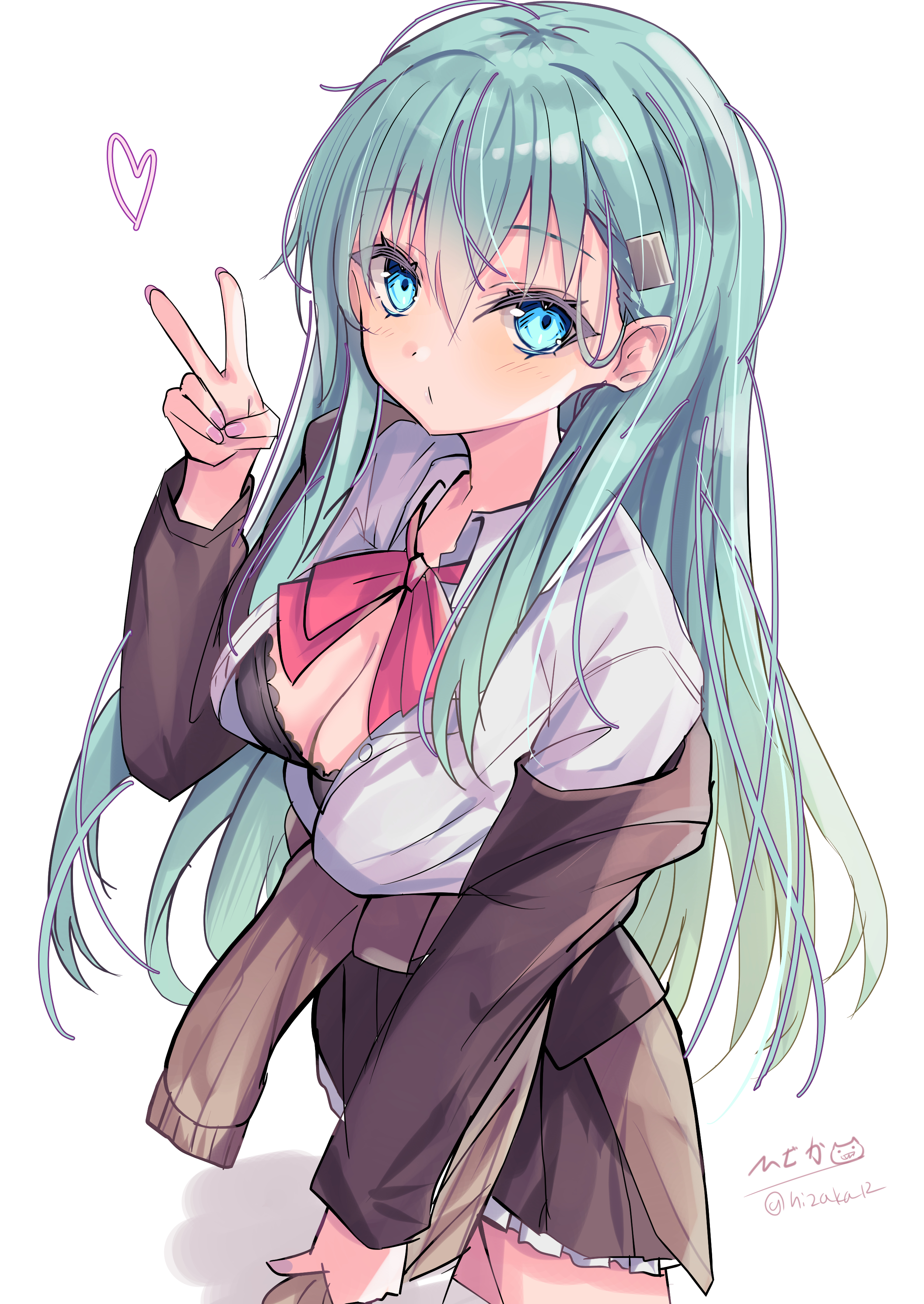 hizaka, suzuya (kancolle), kantai collection, absurdres, commentary request, highres, 1girl, black bra, blue eyes, blush, bow, bowtie, bra, breasts, brown jacket, brown skirt, brown sweater, cleavage, clothes around waist, collared shirt, cowboy shot, dress shirt, frilled skirt, frills, from above, from side, green hair, hair between eyes, hair ornament, hairclip, heart, jacket, long hair, long sidelocks, long sleeves, looking at viewer, medium breasts, one-hour drawing challenge, open clothes, open jacket, open shirt, pleated skirt, red bow, red bowtie, shadow, shirt, sidelocks, signature, simple background, single off shoulder, skirt, solo, sweater, sweater around waist, thighs, twitter username, underwear, very long hair, white background