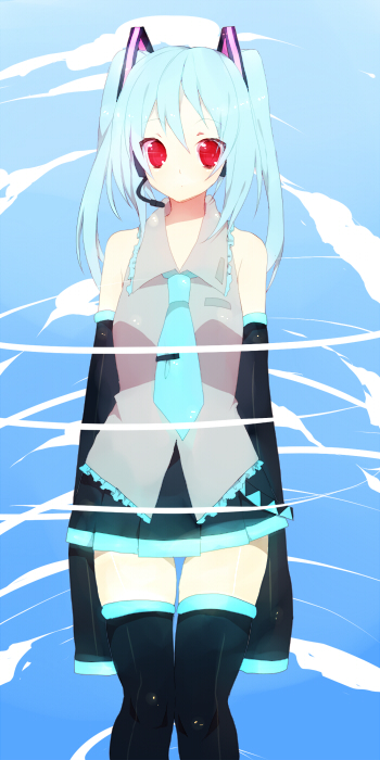 yukiho (artist), hatsune miku, vocaloid, bad id, bad pixiv id, 1girl, aqua hair, detached sleeves, female focus, headphones, headset, long hair, necktie, red eyes, skirt, solo, thighhighs, twintails, zettai ryouiki