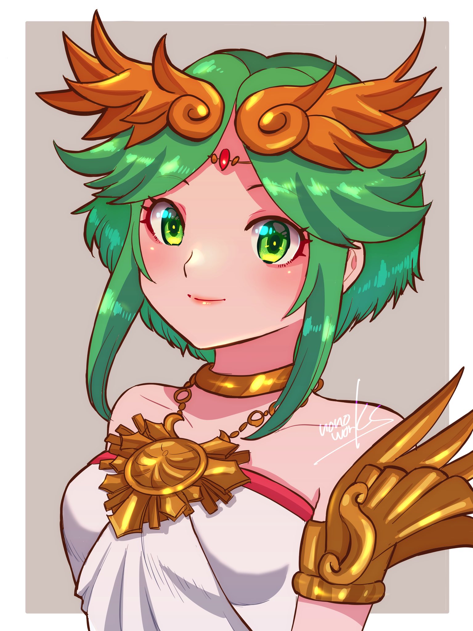 nonoworks, palutena, kid icarus, kid icarus uprising, nintendo, commentary, english commentary, highres, 1girl, alternate hair length, alternate hairstyle, bare shoulders, blush, border, breasts, circlet, closed mouth, collarbone, eyelashes, green eyes, green hair, jewelry, lips, necklace, portrait, purple background, short hair, sidelocks, signature, simple background, smile, solo, white border