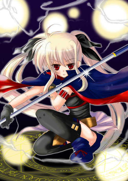 hina sasaki, bardiche (nanoha), fate testarossa, lyrical nanoha, mahou shoujo lyrical nanoha, bad id, bad pixiv id, 00s, 1girl, blonde hair, female focus, long hair, red eyes, solo, thighhighs, twintails, very long hair