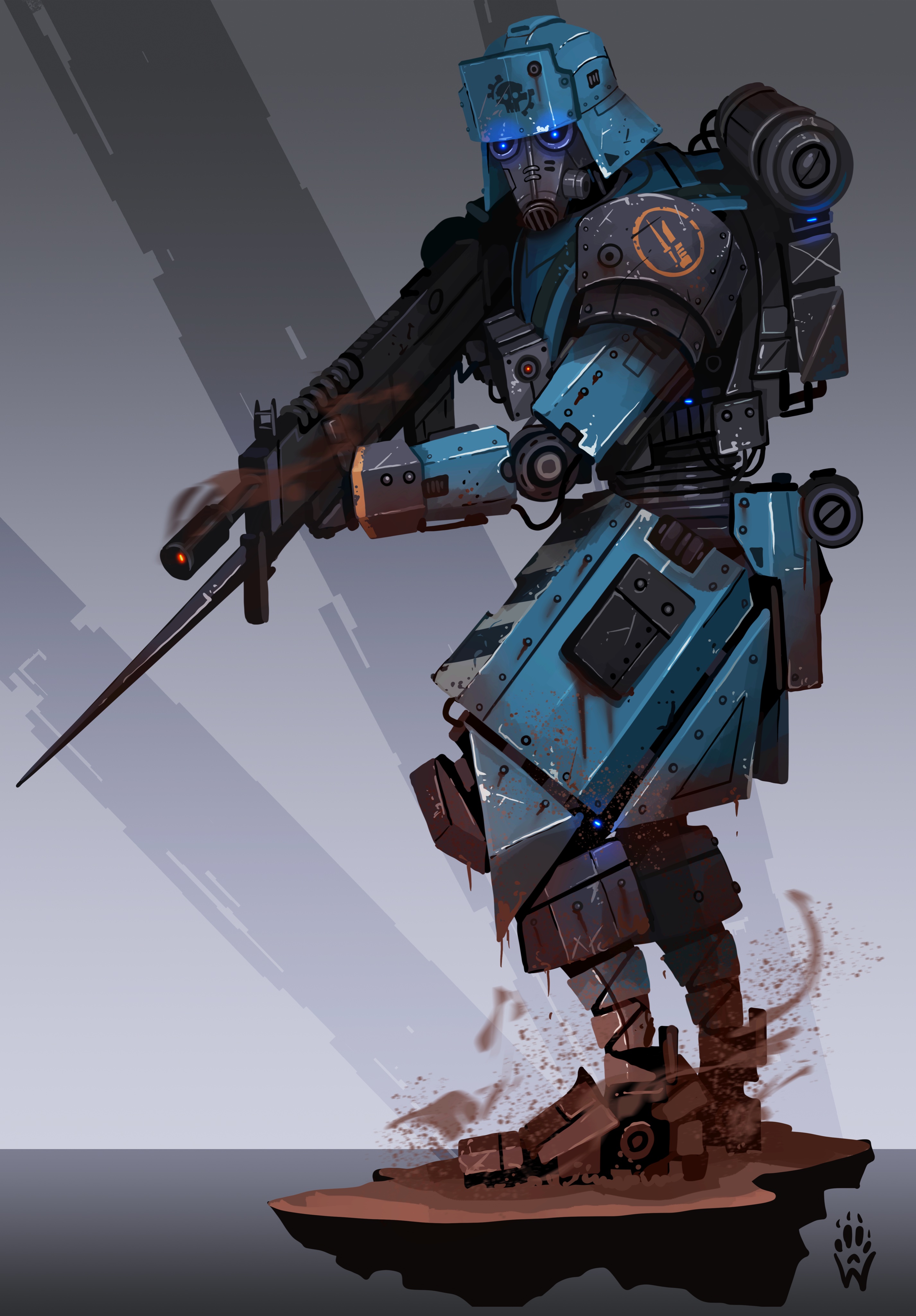 wolfdawg art, death korps of krieg, team fortress 2, warhammer 40k, absurdres, commentary, english commentary, hashtag-only commentary, highres, 1other, armor, artist logo, battle damage, bayonet, black armor, blue armor, blue eyes, blue light, cable, chipped paint, dirt, dirty, dirty feet, dust, facing to the side, full body, glowing, glowing eyes, gradient background, grey background, gun, hazard stripes, holding, holding gun, holding weapon, humanoid robot, joints, lasgun, logo, looking at viewer, mechanization, mud, red light, rivets, robot, robot joints, rust, skull print, smoke, smoke trail, smoking barrel, solo, weapon
