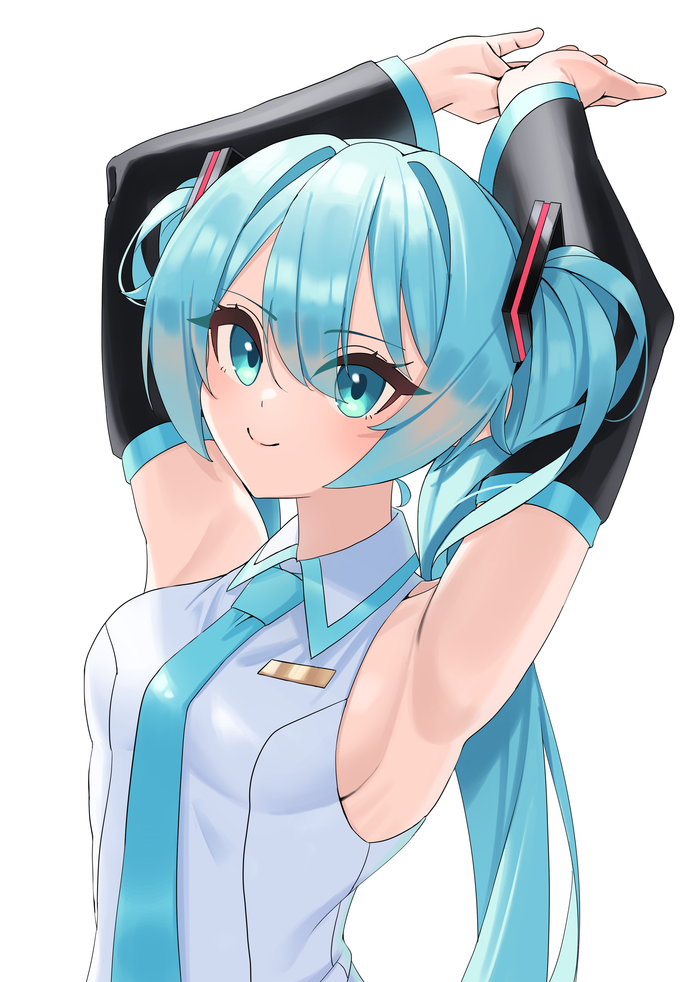 amaama (beccyonaika1), hatsune miku, vocaloid, absurdres, commentary request, highres, 1girl, aqua eyes, aqua hair, aqua necktie, aqua trim, armpits, bare shoulders, breasts, closed mouth, collarbone, collared shirt, detached sleeves, hair between eyes, hair ornament, light blush, long hair, long sleeves, looking at viewer, medium breasts, necktie, shirt, simple background, sleeveless, sleeveless shirt, smile, solo, twintails, upper body, very long hair, white background, white shirt, wide sleeves