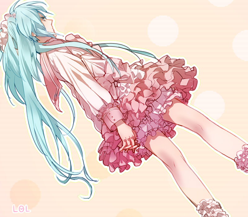 do (drm), hatsune miku, hatsune miku (lollipop), lol -lots of laugh- (vocaloid), lots of laugh, vocaloid, bad id, bad pixiv id, 1girl, aqua eyes, aqua hair, bloomers, female focus, frills, long hair, skirt, solo, twintails, underwear