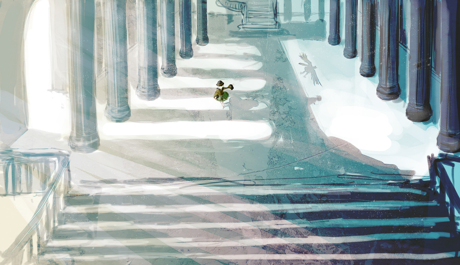 destroyb, komeiji koishi, komeiji satori, reiuji utsuho, touhou, 1girl, bird, colonnade, column, female focus, light rays, pillar, shadow, stairs, sunbeam, sunlight