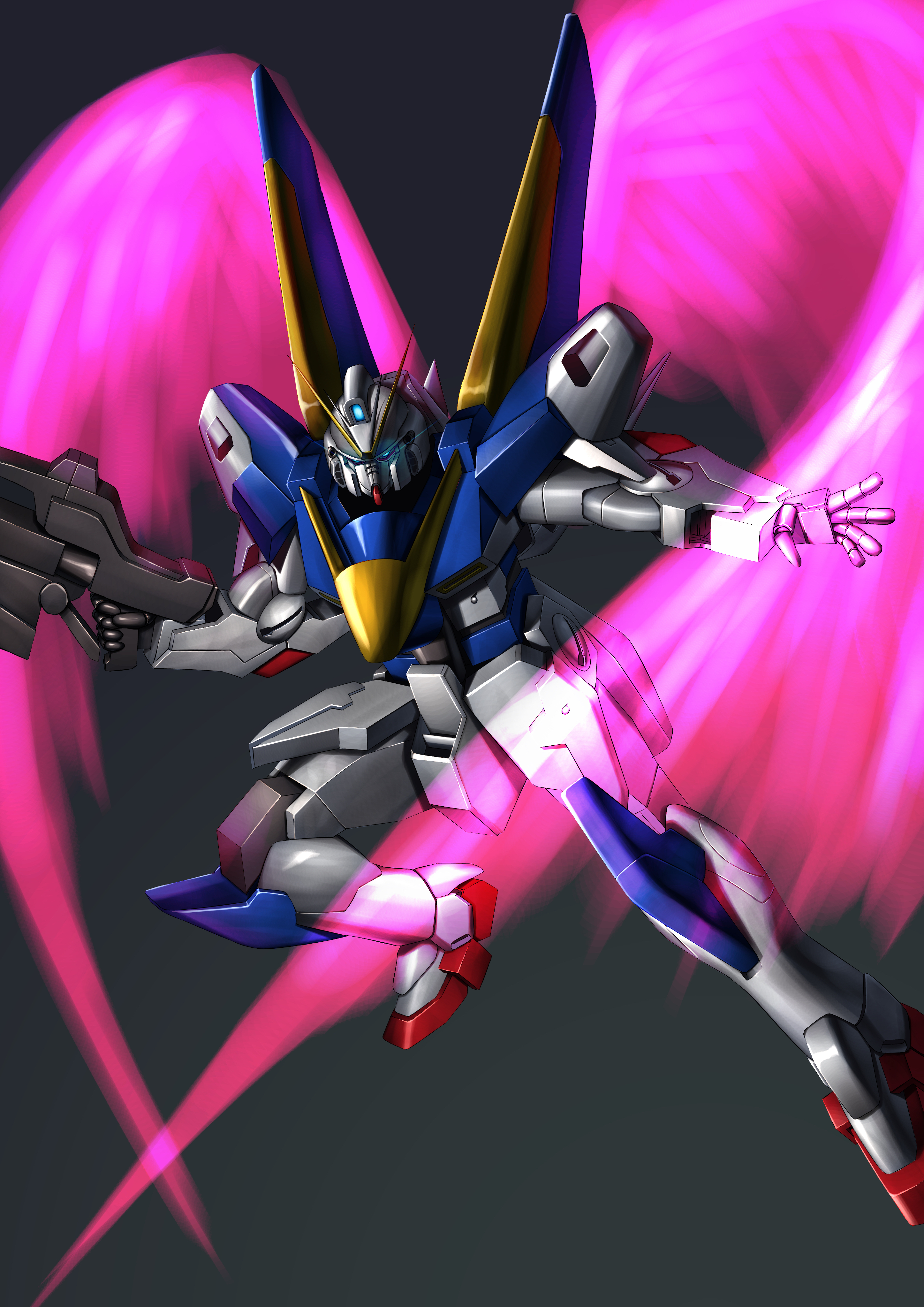 v2 gundam, gundam, victory gundam, absurdres, commentary request, highres, beam rifle, blue eyes, energy, energy gun, energy wings, flying, glowing, glowing eyes, glowing wings, grey background, holding, holding weapon, machinery, mecha, mecha focus, no humans, realistic, robot, science fiction, solo, user gwrr2554, v-fin, weapon, wings