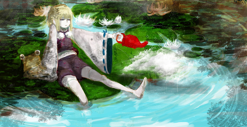 destroyb, moriya suwako, touhou, 1girl, female focus, frown, hat, lily pad, nature, outdoors, plant, ripples, skirt, solo, steam, teapot