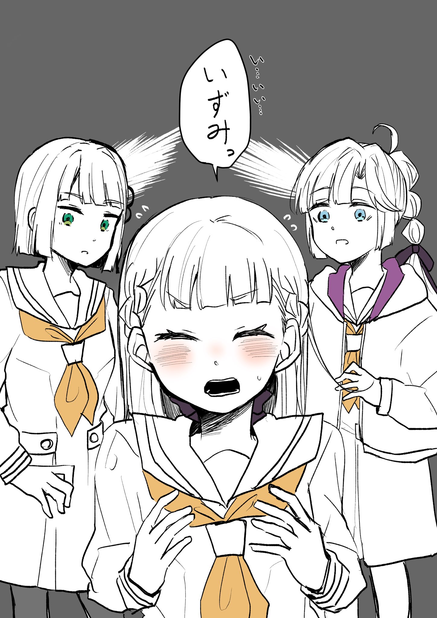 namazakana kuenai, anyoji hime, kachimachi kosuzu, momose ginko, link! like! love live!, love live!, commentary request, highres, 3girls, ^ ^, black ribbon, blue eyes, blunt bangs, blunt ends, blush, bob cut, closed eyes, curtained hair, dress, flying sweatdrops, green eyes, grey background, hair ribbon, hasu no shousankaku, hasu no sora school uniform, hood, hood down, hooded jacket, jacket, long hair, long sleeves, looking at another, medium dress, multi-tied hair, multiple girls, neckerchief, open clothes, open jacket, open mouth, pantyhose, parted bangs, parted lips, partially colored, pleated dress, ponytail, ribbon, sailor collar, sailor dress, school uniform, short hair, side part, simple background, speech bubble, standing, sweatdrop, v-shaped eyebrows, virtual youtuber, winter uniform, yellow neckerchief